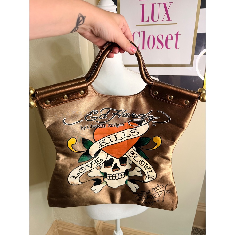 Ed Hardy Love Kills Slowly Metallic Bronze Star Tote Bag Christian Audigier Y2K